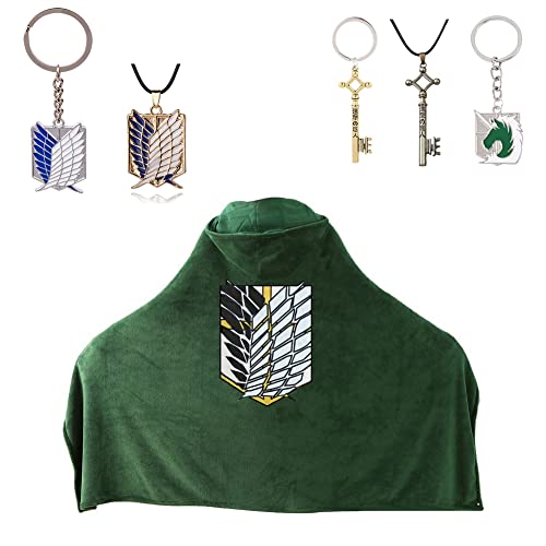 Wearable Blanket Anime Blanket, Japan Anime Cape AOT Blanket, Flannel Blanket Cosplay Hooded Shingeki No Kyojin Titan Cloak, with Anime Jewelry Keychain Key Pendant Necklace (Green 5.6X 3.6 Ft)