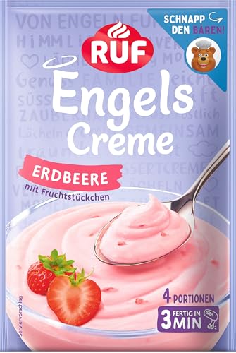 RUF Engels Creme Erdbeere, Dessertpulver für eine Dessertcreme mit Erdbeer-Geschmack und Frucht-Stückchen, 4 Portionen