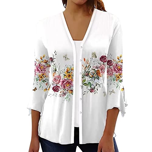 FQZWONG Cardigan for Women, Womens Spring Fashion 2025 Plus Size 3/4 Sleeve Open Front Kimonos Trendy Beach Cover Ups Lightweight Floral Graphic Tees Classic Boho Outerwear Clothes (Gold,3XL)