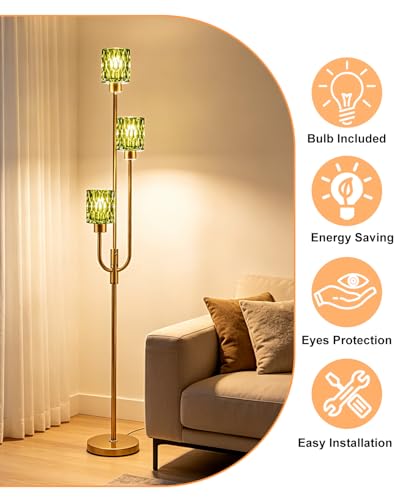 Image of 66IN Glass Floor Lamp 3-Lights Modern Gold Dimmable Floor Lamps with 3000K Warm White Bulbs for Wedding Party Tall Standing Lamp with Green Glass Shade for Living Room /Bedroom /Home Decor