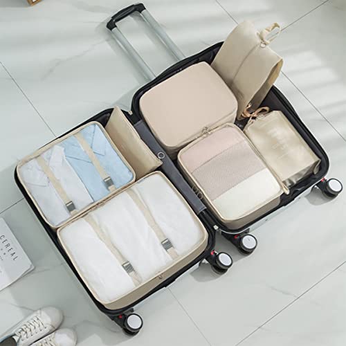PETRICE Polyester Travel Organizer 7 In 1 Travel Laundry Cosmetics Luggage Packing Organizers Set Makeup Bags Organizer Packing Cubes With Shoe Bag For Travel (Beige)