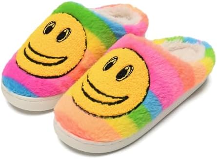 sharllen Kids Happy Face Fuzzy Cozy Non-Slip Toddler Girls Boys Slide Slippers Plush Cute Warm Soft Socks Shoes for Little Big Kids(Slippers Rainbow,34/35)