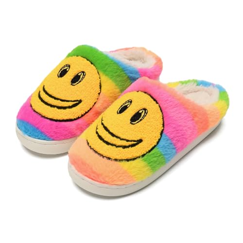 sharllen Kids Happy Face Fuzzy Cozy Non-Slip Toddler Girls Boys Slide Slippers Plush Cute Warm Soft Socks Shoes for Little Big Kids(Slippers Rainbow 38/39)