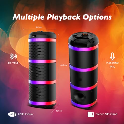 pTron Newly Launched Fusion Theatre 60W Karaoke Bluetooth Party Speaker, Captivating Stereo Sound, Vivid RGB Lights, 3mtr Karaoke Mic, 5 Equalisers, BT/USB/SD Card Playback & Type-C Charging (Black)