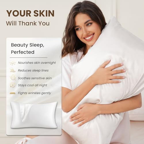 Image of THXSILK 100% Pure Mulberry Silk Pillowcase for Hair and Skin, 25 Momme Grade 6A+ Mulberry Silk, Durable, Soft and Breathable Silk Pillow Case (King 20 inchx36 inch, White)