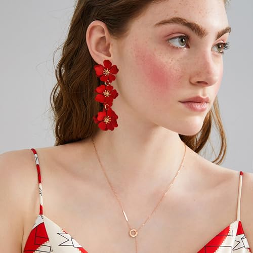 Elegant Bohemian Matte Tiered Triple Flower Dangle Drop Earrings Chic Charm Cute Long Floral Stud Earrings for Women Statement Jewelry Gifts3
