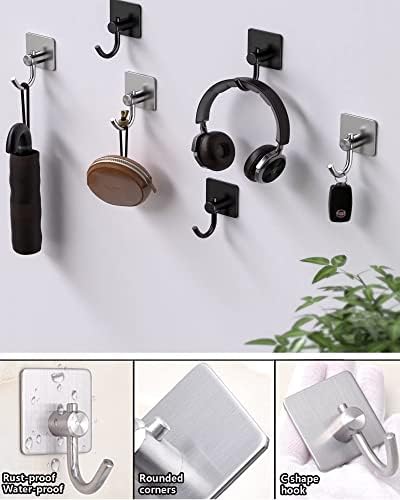 KAXIMON Self Adhesive Hooks Black, 6 Pack Robe Coat Sticky Hooks for Hanging, Self Adhesive Door Hooks for Bathroom Kitchen Hanging Towel Key, No Nails