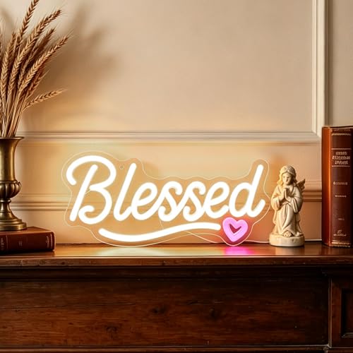 Image of LED Blessed Signs for Home Decor, Bless This Home Wall Decor Neon Sign with Dimmer, USB Powered Warm White Religious Decoration for Bedroom Living Room, farmhouse, housewarming and holiday gifts