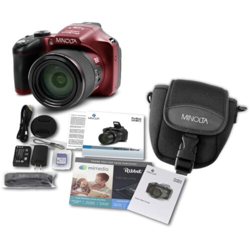 Minolta Pro Shot 20MP Digital Camera – 67x Optical Zoom, Full 1080p HD Video, Optical Image Stabilization, Wi-Fi, 3-inch Articulating LCD Screen, 27 Scene Modes – Includes 16GB SD Card (Red)