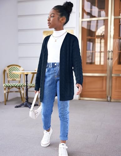 Arshiner Girls Open Front Cardigan Long Sleeve Casual Kids Fall Clothes Solid Thick Chunky Sweater Coat with Pockets3