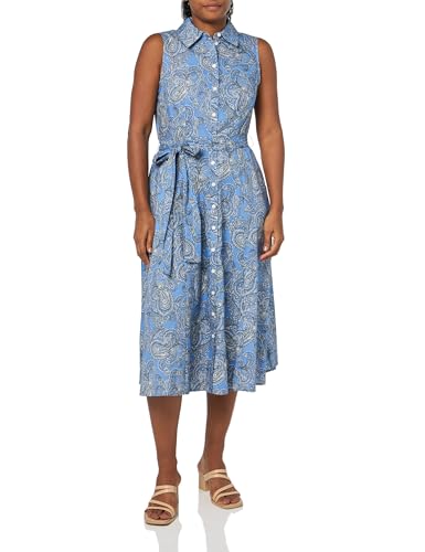 Image of Tommy Hilfiger Women's Sleeveless Collared Button Front Tie Waist Midi Shirt Dress