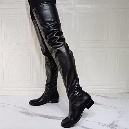 Frankie Hsu Punk Chunky Over Knee Boots, Plain Flat Black Synthetic Leather Low Heels Thigh Style, Fashion Big Large Size Designer Heeled Long Tall Shoes For Women Men4