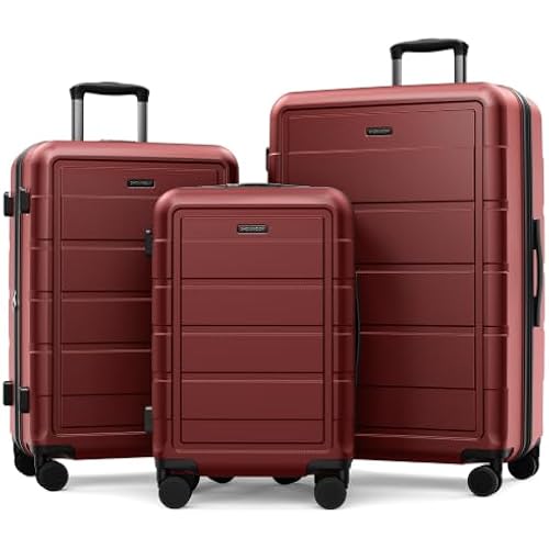 SHOWKOO G-Series Luggage set 3pcs, 100% PC Durable Hardshell Suitcase | Expandable, Lightweight, Smoother Spinner Wheels, YKK Zipper, TSA Lock, Family Travel (Wine Red, 20/24/28in)