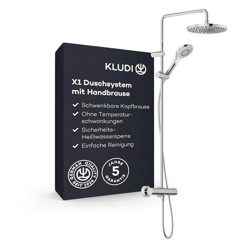 KLUDI   Sistema de ducha X1 con cabezal y alcachofa de mano, termostato Dual Shower System, cromo, montaje en pared, grifo termostático, cabezal de ducha de 250 mm de diámetro, 3 tipos de chorro