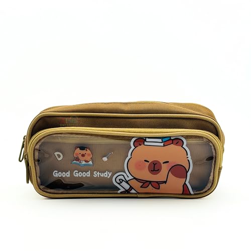 Image of Alokik Enterprise Cute Cartoon Pencil Pouch with Double Zipper & Transparent Window, Large Capacity Fabric Pen Case for School, Office, Students, Kids & Teens (Good Study Brown Pouch)