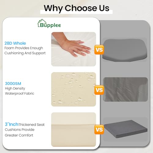 BUPPLEE Color Fastness & Waterproof Outdoor Patio Chair Cushions Set of 2, 22 x 22 x 3 Inch Outdoor Seat Cushions for Patio Furniture, Chair Pads with Adjustable Straps (Beige)