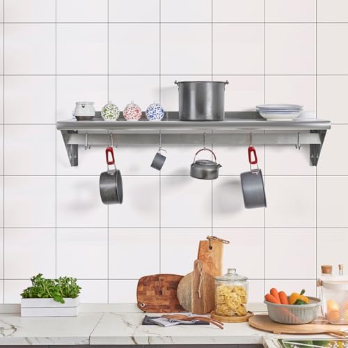 Image of Hally Stainless Steel Shelf with 6 Hooks 18 inch x 48 inch Wall Mounted Pot Rack 400lb, NSF Commercial Floating Shelving for Storage Hanging Pots, Pans, cookware in Restaurant, Kitchen, Home and Hotel