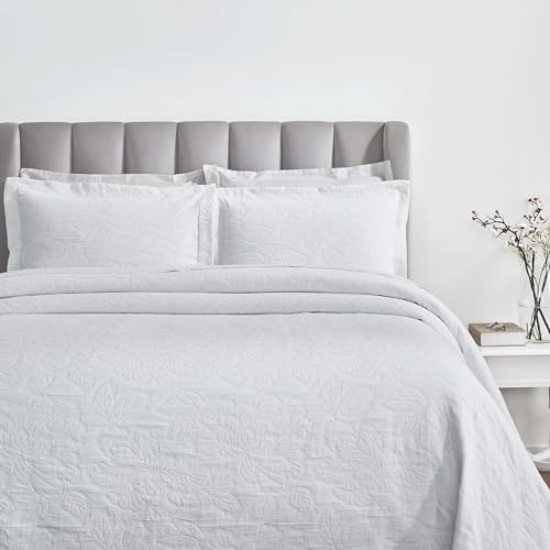 Superior 3 Piece Cotton Bedspread Set, Home Bed Decor, Decorative Bed Spread, 2 Pillow Shams, Medium Weight Blanket, Matelasse Coverlet, Bedding Essentials, Hibiscus Collection, Full, White