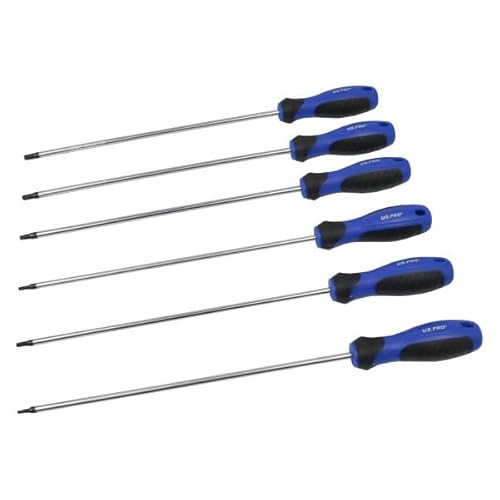 US PRO Long Tamper Torx Screwdriver Set, 6 Piece, T10 to T30, 250mm Blade, Blue Comfort Grip