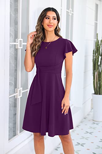 Owin Women's Semi-Formal Dress Ruffle Sleeves Work Dress Fit And Flare Cocktail Wedding Guest Dress Purple Xl #TOP1