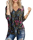 Picture of IWOLLENCE Christmas Women's Xmas Tree Snowflakes Waffle Knit Tunic Tops Button Down Long Sleeve Henley V Neck Blouse Seniors Tie Front Knot Fireworks Graphic Shirts Black Tree, XL