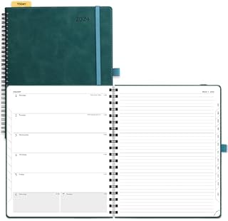 POPRUN 2024 Pocket Diary A6 Week to View Spiral Bound 16x10.5 cm - Self-adhesive Pen Holder, 100 gsm Paper, PU leather Soft Cover - 2024 Weekly Planner & Notebook in One(Black)