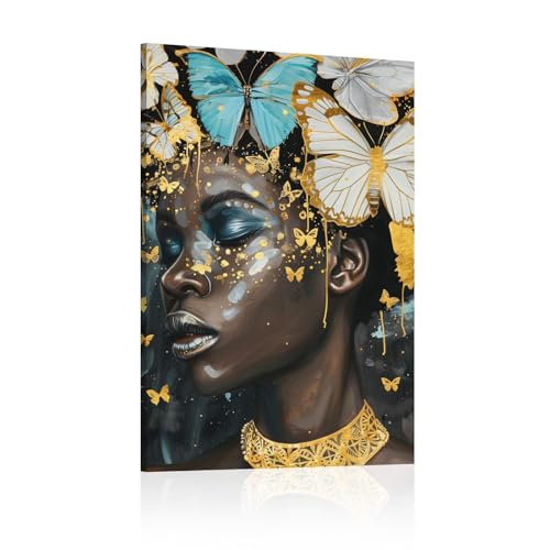 Toile murale afro-américaine IKDZCM 40x64cm avec portrait de femme noire et papillons