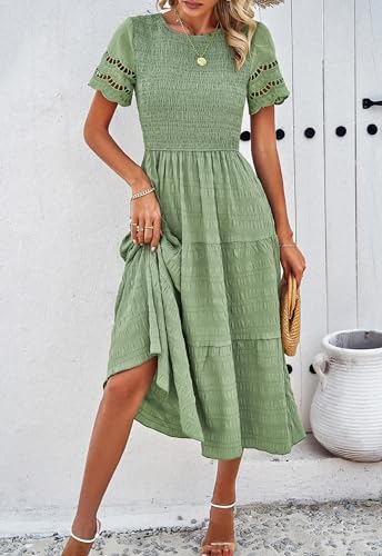 Image of Sumleno 2026 Women's Summer Midi Dresses Short Sleeve Smocked Tiered Dress Vacation Beach Wedding Guest Elegant Boho Sundress