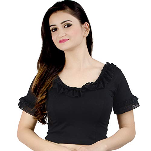 Chandrakala Women's Stretchable Readymade Lycra Black Half Sleeve with Frill Indian Ethnic Saree Blouse Crop Top Choli-Small (B178BLA2)