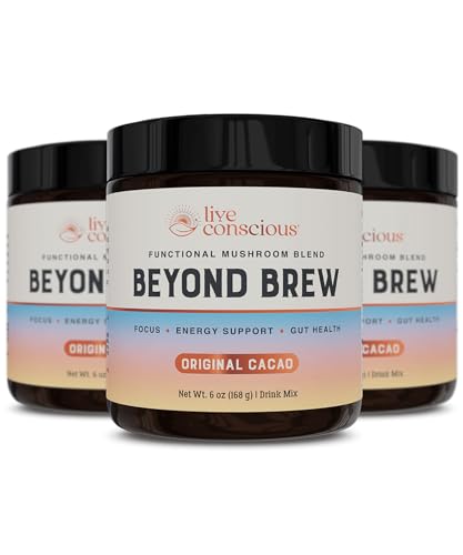 Live Conscious Beyond Brew - Superfood Coffee Alternative - Low Caffeine - Powerful Mushroom Complex - Lion’s Mane, Reishi, Cordyceps & Chaga for Sustained Focus, Energy & Immunity - Prebiotics & Probiotics Supports Gut Health - 30 Servings (3-Pack)