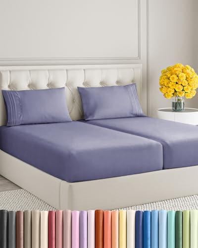 Image of Split King Size 5 Piece Sheet Set - Soft & Cooling Sheets - French Violet | Fits 8 Inch to 16 inch Mattress, Wrinkle Free & Fade Resistant with Deep Pockets, Breathable, Comfy Hotel Luxury Bedding