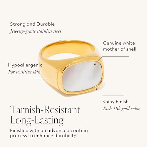 Benique PEARL SIGNET Gold Chunky Signet Ring For Women Men, White Fresh-Water Mother Of Pearl Shell, Stackable Statement Pinky Ring thumb #2