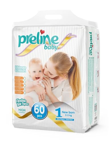 Diapers Newborn Size 1 (4-11 lbs) Preline Disposable Baby Diapers, (2-5 kg), 60 Pieces