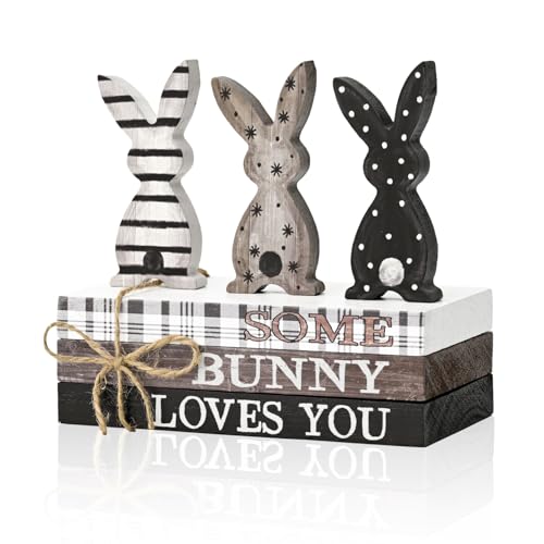 Smile Easter Wooden Stack, Rustic Bunny Mini Faux Books Bundle, Spring Tiered Tray Decorations, Indoor Decor for Kitchen Bathroom and Home Table Shelf