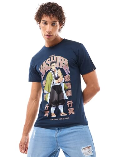 Image of Bewakoof X Demon Slayer Stone Hashira Men's 100% Cotton Graphic Print Regular Fit Half Sleeve Round Neck T-Shirt | Tshirt for man | Tshirt for men cotton | Tshirts for men stylish | Casual Wear | Street Wear