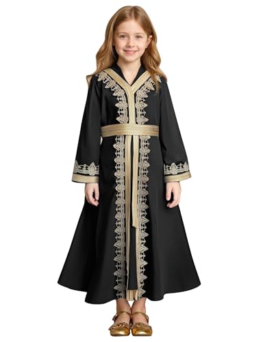 Abaya de Ramadán para niñas con encaje y cinturón túnica árabe de oración