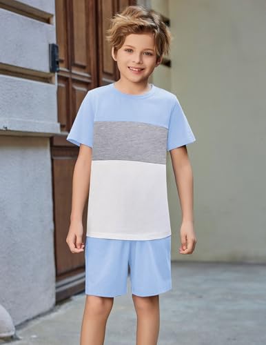 Image of Arshiner Boys' 2-Piece Cotton Outfit Color Block T-Shirt and Shorts Set Summer Camo Clothes for Kids 5-14 Years