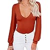 REORIA-Womens-Sexy-Deep-V-Neck-Double-Lined-Lantern-Long-Sleeve-Bodysuit-Tops-Jumpsuits Women’s Sexy Deep V Neck Lantern Sleeve Fitted Shirts Stretchy Double Lined Seamless Long Sleeve Bodysuits Leotards Jumpsuit Tops Orange Rust Medium