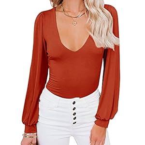 REORIA-Womens-Sexy-Deep-V-Neck-Double-Lined-Lantern-Long-Sleeve-Bodysuit-Tops-Jumpsuits Women’s Sexy Deep V Neck Lantern Sleeve Fitted Shirts Stretchy Double Lined Seamless Long Sleeve Bodysuits Leotards Jumpsuit Tops Orange Rust Medium