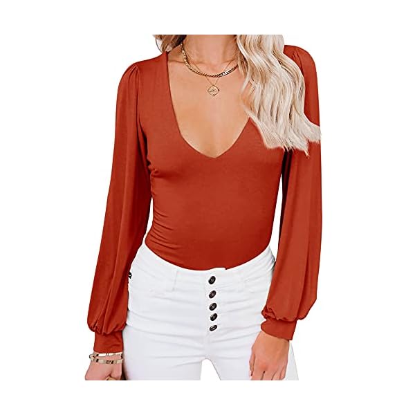 REORIA-Womens-Sexy-Deep-V-Neck-Double-Lined-Lantern-Long-Sleeve-Bodysuit-Tops-Jumpsuits Women’s Sexy Deep V Neck Lantern Sleeve Fitted Shirts Stretchy Double Lined Seamless Long Sleeve Bodysuits Leotards Jumpsuit Tops Orange Rust Medium