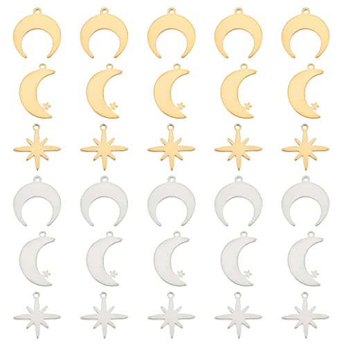 DICOSMETIC 60 Pieza 3 Estilos de Dijes de Luna Y Estrella 2 Colores de Acero Inoxidable Y Color Dorado Luna Creciente/Estrella de Ocho Puntas/Luna con Colgante de Estrella para Hacer Joyas Cover