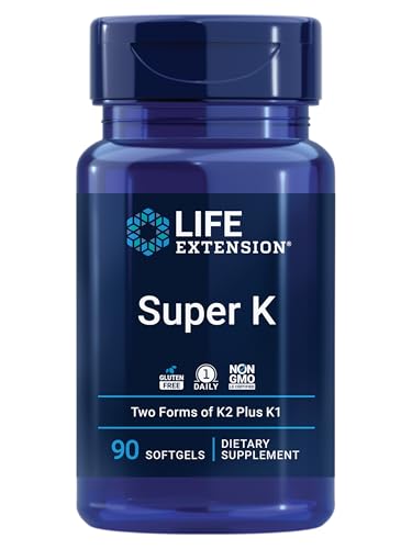 life extension super k vitamin k1 vitamin k2 mk-7 vitamin k2 mk-4 heart health arterial health calcium balance 3-month supply gluten-free 1 daily non-gmo 90 softgels