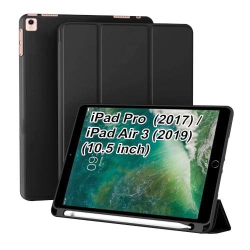Image of CEDO Smart Case for iPad Pro 10.5 (1st Gen) /Air 3 (3rd Gen) (10.5 in) Tri-Fold Flip Folio Cover | Pencil Holder | Auto Wake-Up /Sleep Mode | Multi View Angles Stand TPU Backcover (Black)