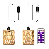 2 Stück Rattan Hängelampe mit Batterie, Hängeleuchte Boho, Dimmbar, Timer