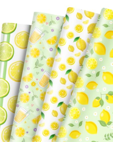 Pineraap 12 hojas de papel de regalo de limón, papel de regalo de limón, fruta de verano, hoja de arte decorativa, papel de embalaje de regalo de limón para cumpleaños, fiesta, baby shower, 20 x 28