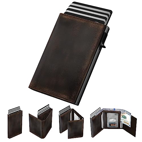 typecase Mens Wallet Card Holder: Pop Up Aluminum Case, Full Grain Leather, RFID Blocking, Smart, Slim, Minimalist, Front Pocket - 9-14 Card Capacity