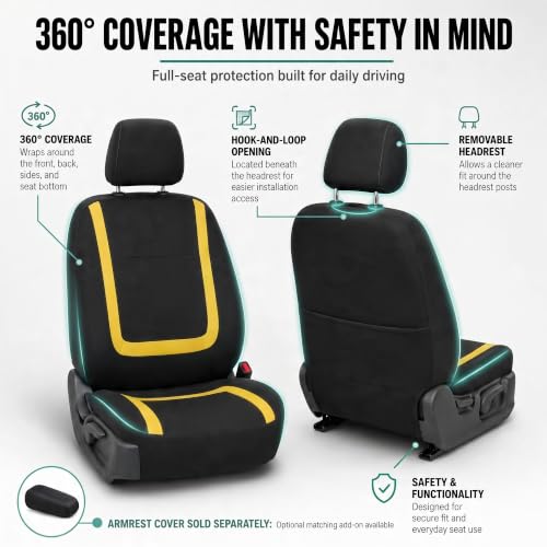 Image of FH Group Car Seat Covers Front Set in Cloth for Low Back Car Seats with Removable Headrest, Universal Fit, Automotive Washable for SUV, Sedan, Van Yellow