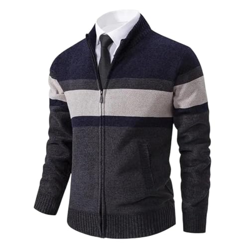 Men Striped Cardigan Slim Knitted Sweaters Outerwear Stand Collar Zipper Sweatercoat
