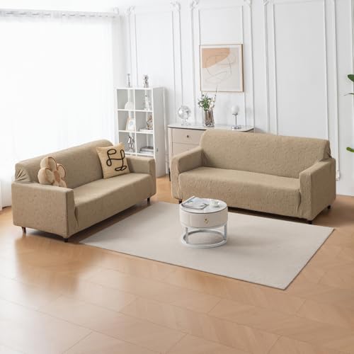 Image of House of Quirk Universal Jacquard Fabric Sofa Cover - Soft, Stretchable Couch Slipcover, Flexible Fit, Wrinkle-Resistant & Easy to Clean (Khaki, Two Seater)