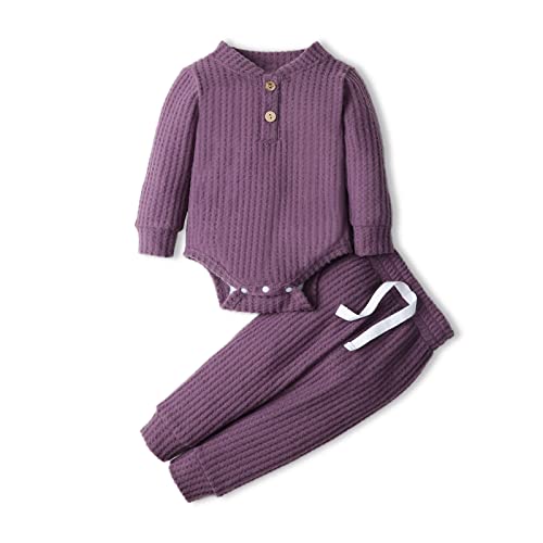 Image of Baby Clothes Newborn Infant Boy Girl Clothes Unisex Baby Outfits Waffle Romper and Pants Outfits Purple 12-18 Months